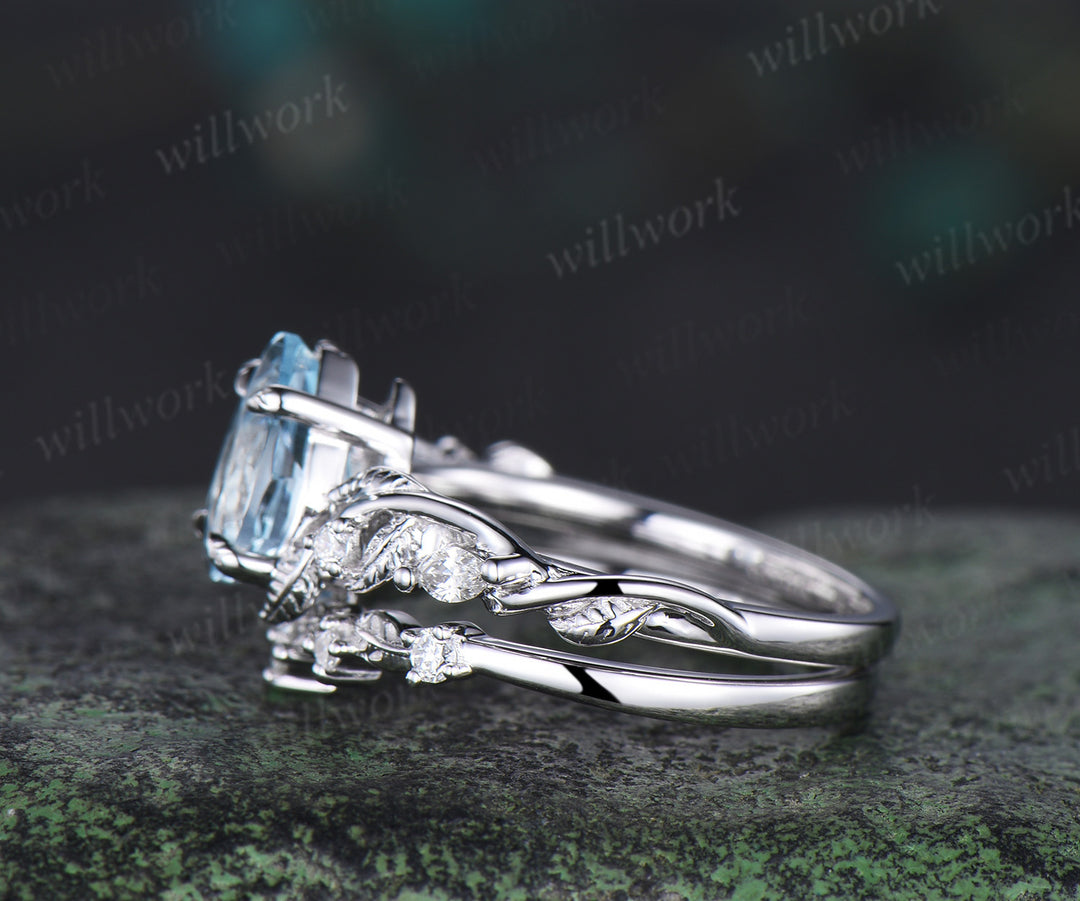 Twig Vine Nature Inspired Natural Aquamarine Diamond Engagement Ring 14K White Gold Moissanite Wedding Leaf Bridal Set Promise Gifts