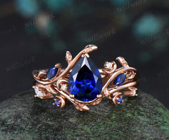Vintage pear sapphire engagement ring set unique twig leaf moon ring marquise moissanite sapphire wedding band bridal jewelry set