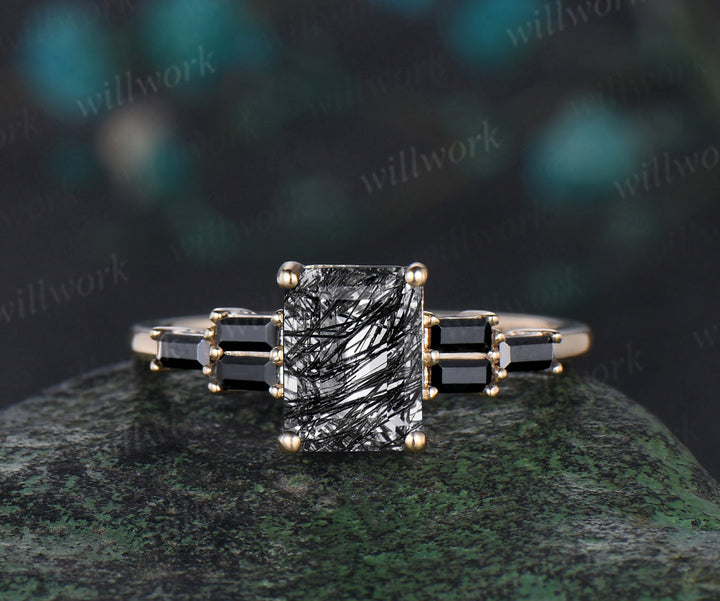 Emerald cut black rutilated quartz engagement ring yellow gold Baguette cut black spinel anniversary ring women gift
