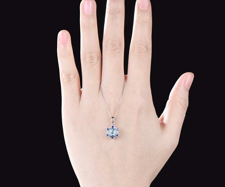 Unique Round Cut aquamarine Necklace Minimalist hexagram Halo Blue Sapphire Pendant 14k White Gold Bridal Jewelry Christmas Snow gift