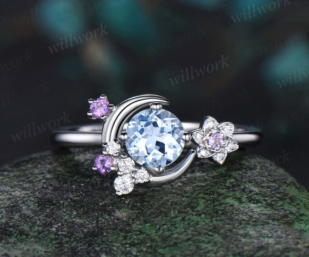Round cut aquamarine engagement ring white gold moon amethyst ring vintage floral diamond wedding anniversary ring gift