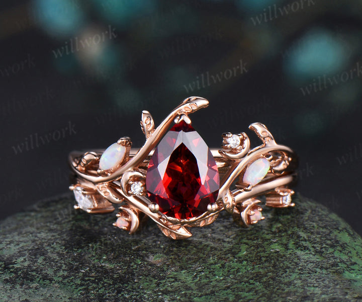 Vintage pear red garnet engagement ring set January birthstone rose gold leaf moon opal ring women