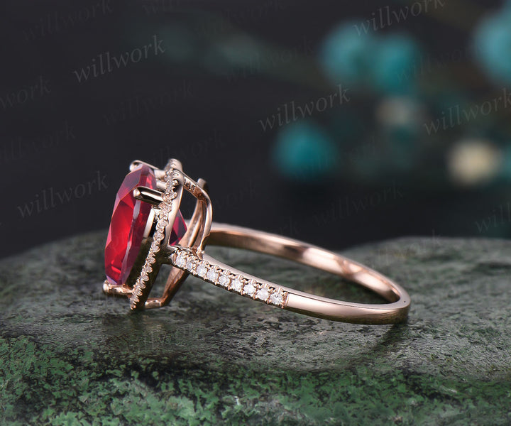 Ruby Engagement Ring-Handmade Solid 14k Rose Gold Ring-Real Floral Moissanites Red Heart Shaped Cut Gemstone Promise Ring