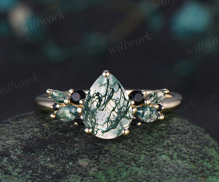 Pear shaped green moss agate engagement ring women yellow gold cluster black spinel bridal ring gift