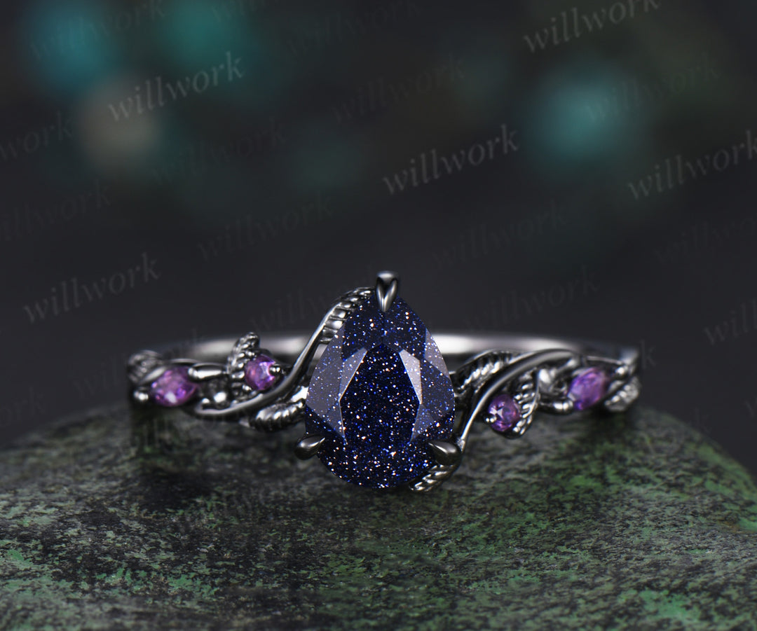 Nature Inspired Pear Galaxy Blue Sandstone pearl Bridal Set 14k black gold Unique Twig Vine Teardrop Blue Stone Engagement Ring Ring Set women