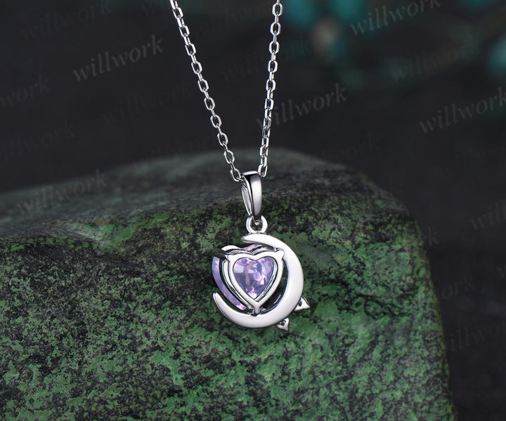 Vintage heart shaped Lavender Amethyst necklace white gold cluster moon snowdrift diamond pendant women February birthstone anniversary gift