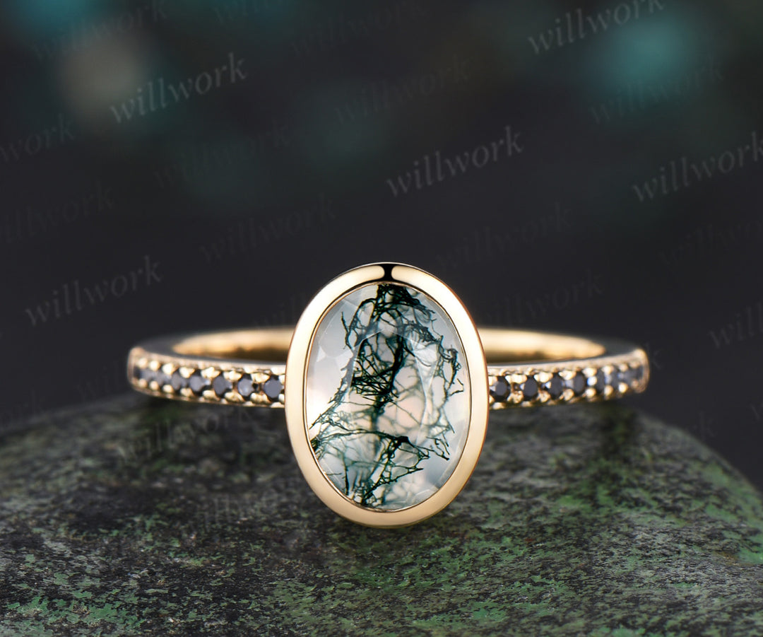 Bezel oval cut moss agate Engagement Ring set 14k yellow gold Milgrain Half Eternity black diamond anniversary ring women gift