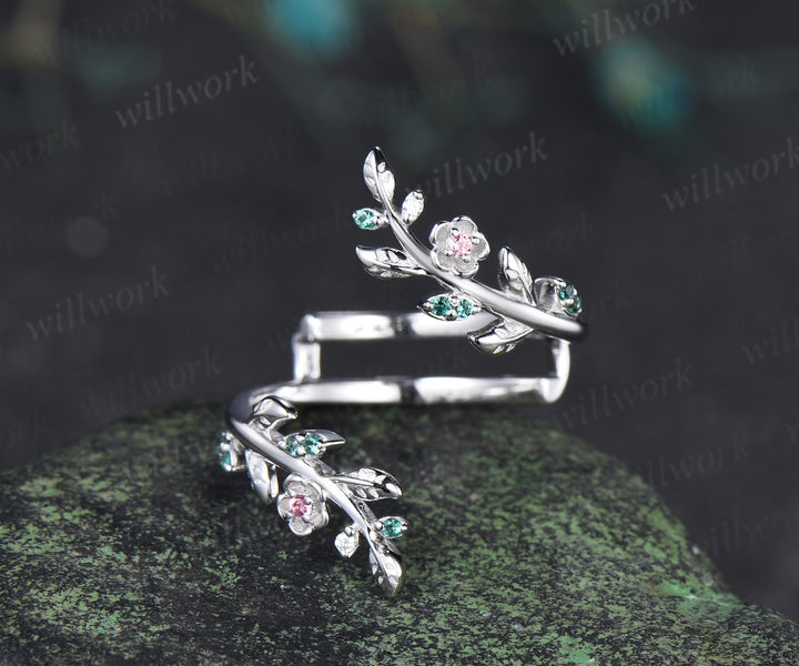 Natural pink tourmaline emerald wedding band floral leaf vine enhancer band stacking ring open gap band