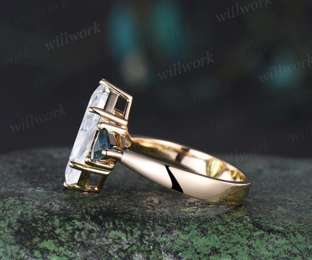Marquise lab grown diamond engagement ring three stone trillion cut London blue topaz tapered band unique bridal ring