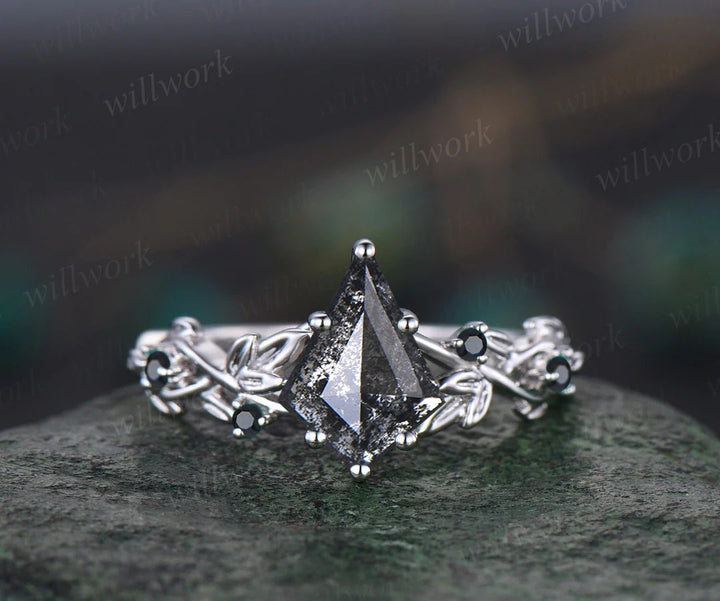Leaf Kite Salt and Pepper Diamond Engagement Ring Nature Inspired Twig Black Diamond Accented Wedding Ring