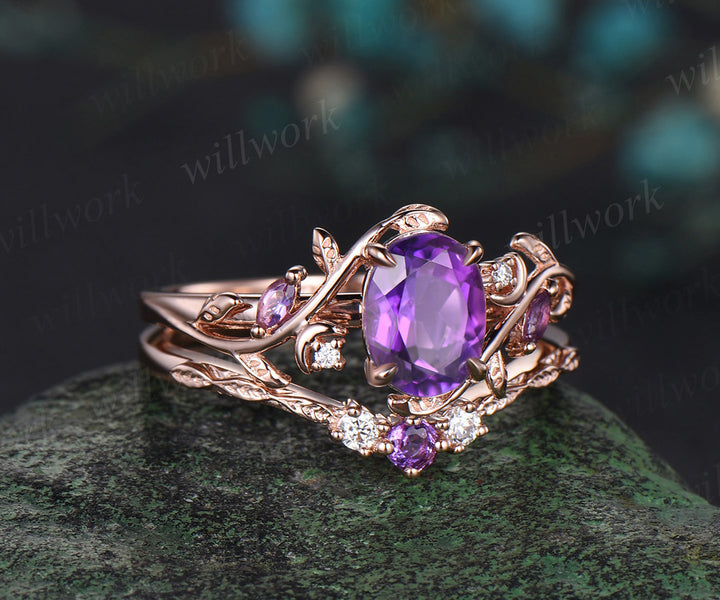 Oval Cut Natural Amethyst Engagement Ring Set February Birthstone Amethyst Moon Ring Leaf Nature Inspired 2pcs Bridal Ring Set