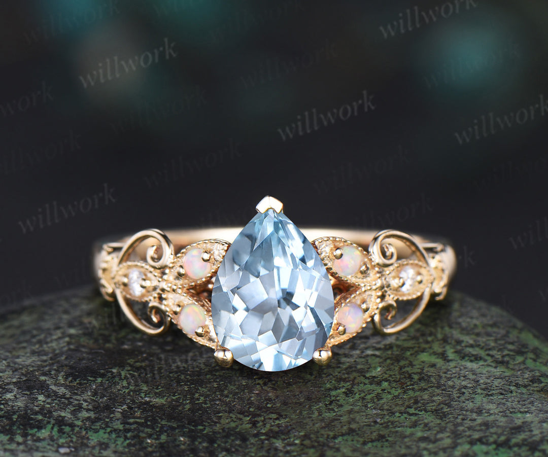 Pear shaped aquamarine ring 14k yellow gold opal butterfly Milgrain engagement ring set women art deco unique bridal ring set