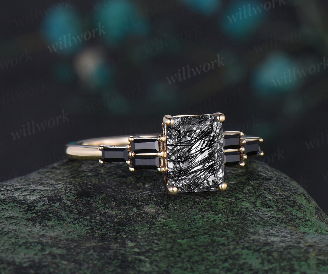 Emerald cut black rutilated quartz engagement ring yellow gold Baguette cut black spinel anniversary ring women gift