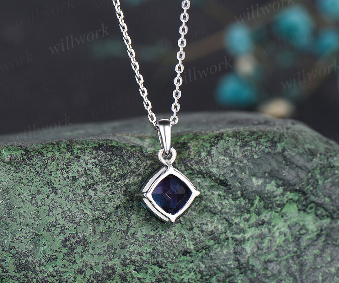 Dainty cushion cut alexandrite necklace solid 14k 18k white gold June birthstone pendant for women anniversary gifts
