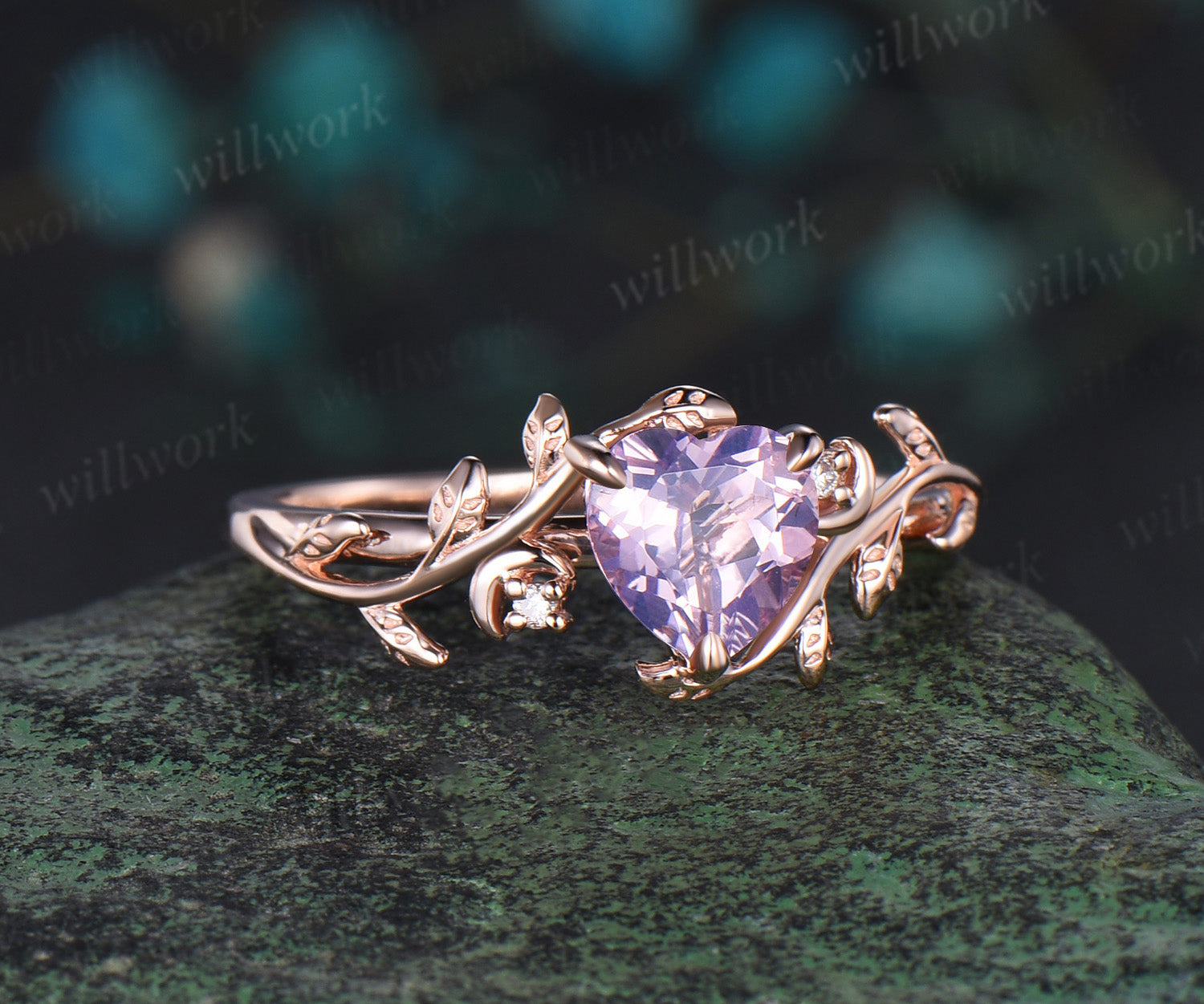 Vintage heart shaped Lavender Amethyst engagement ring rose gold