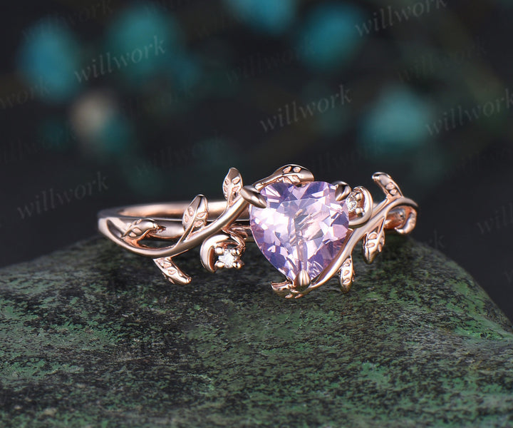 Vintage heart shaped Lavender Amethyst engagement ring rose gold twig leaf Nature inspired moon diamond anniversary ring women gift