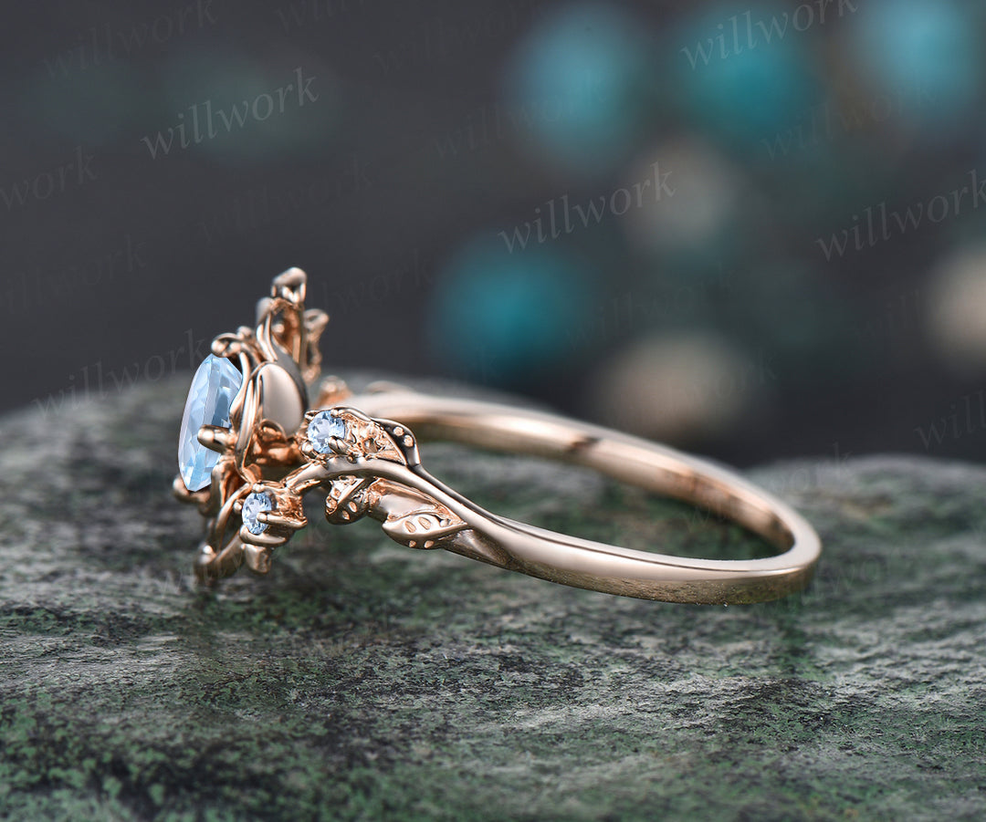 READY TO SHIP: Round Aquamarine Engagement Ring - 10k Rose Gold - Ring Size: 8 US