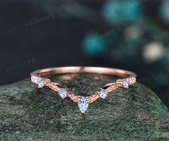 Unique Aquamarine Wedding Band Vintage Curved V Shaped 14k Rose Gold Aquamarine Ring Vintage Norse Leaf Nature Ring Jewelry Dainty Wedding Bridal Anniversary Ring Band Women