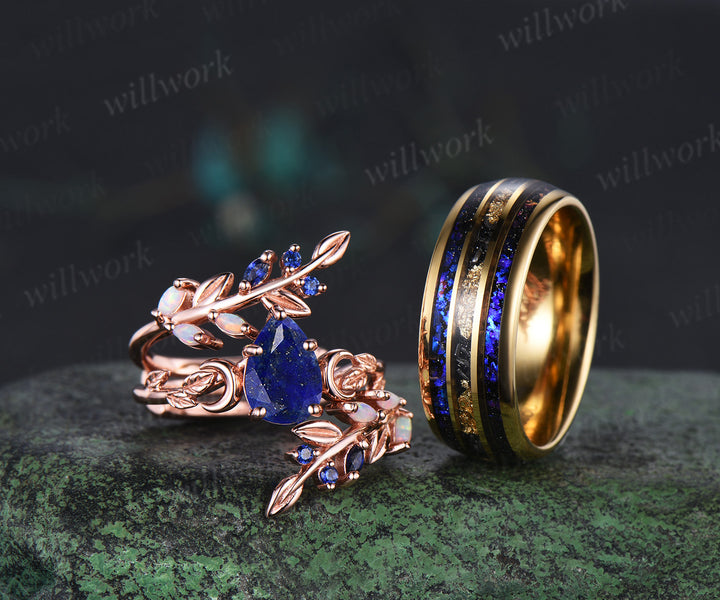 Pear Lapis Lazuli Leaf Vines Bridal Ring Set & Tungsten Galaxy Nebula Gold Flakes Men’s Band Unique Couple Ring Set