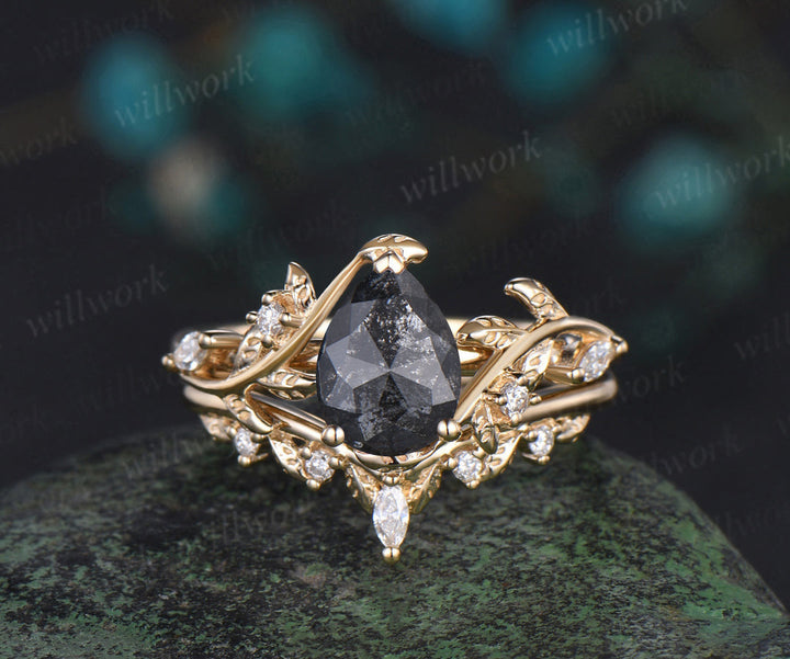 Vintage pear salt and pepper diamond engagement ring solid gold leaf branch nature inspired promise bridal ring set women