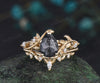 Vintage pear salt and pepper diamond engagement ring solid gold leaf branch nature inspired promise bridal ring set women