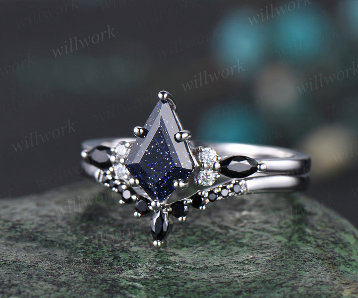 Galaxy kite blue sandstone emerald engagement ring set solid 14k white gold marquise black stone ring set women bridal set jewelry