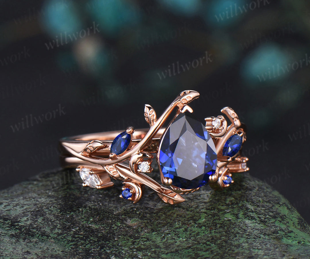 Vintage pear sapphire engagement ring set unique twig leaf moon ring marquise moissanite sapphire wedding band bridal jewelry set