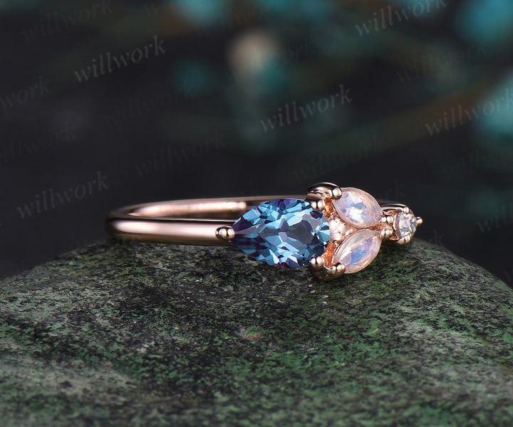 Pear alexandrite engagement ring rose gold five stone moonstone dainty Multi-Stone Rings unique June birthstone anniversary ring women