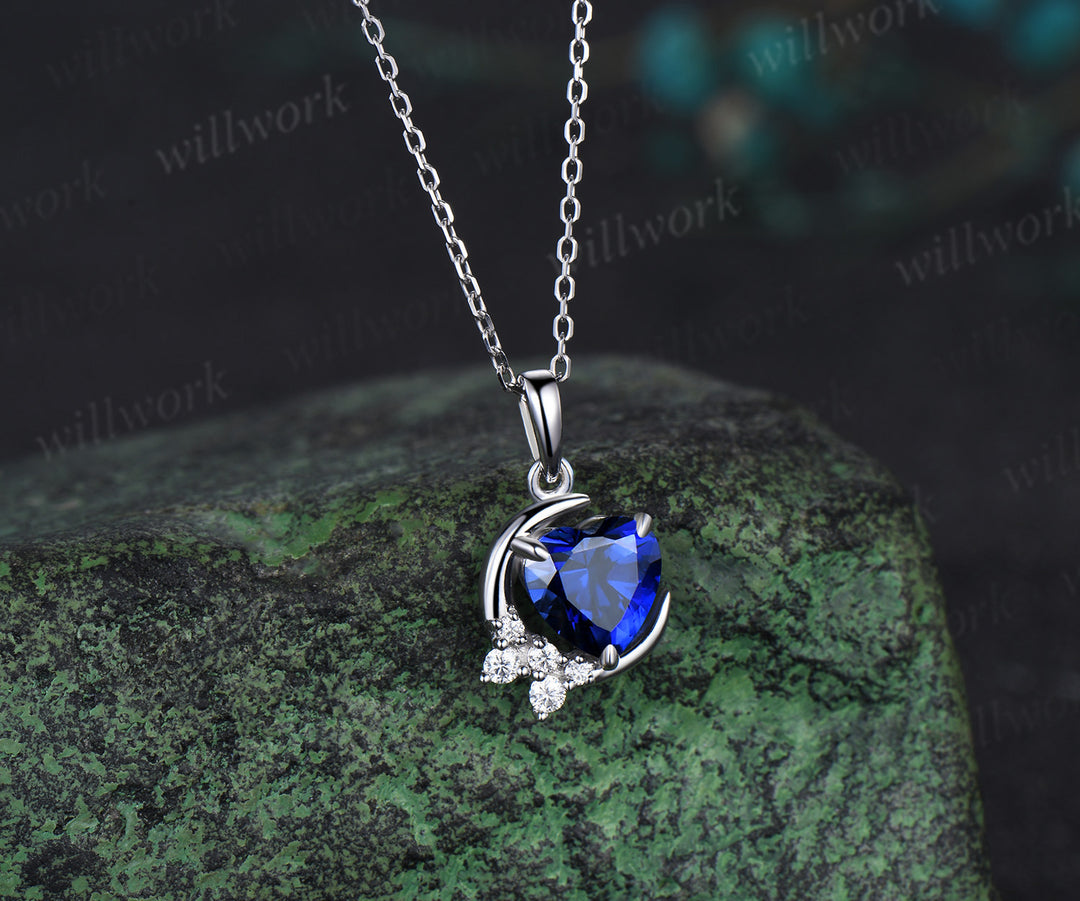 Vintage heart shaped blue sapphire necklace white gold cluster moon snowdrift diamond pendant women September birthstone anniversary gift