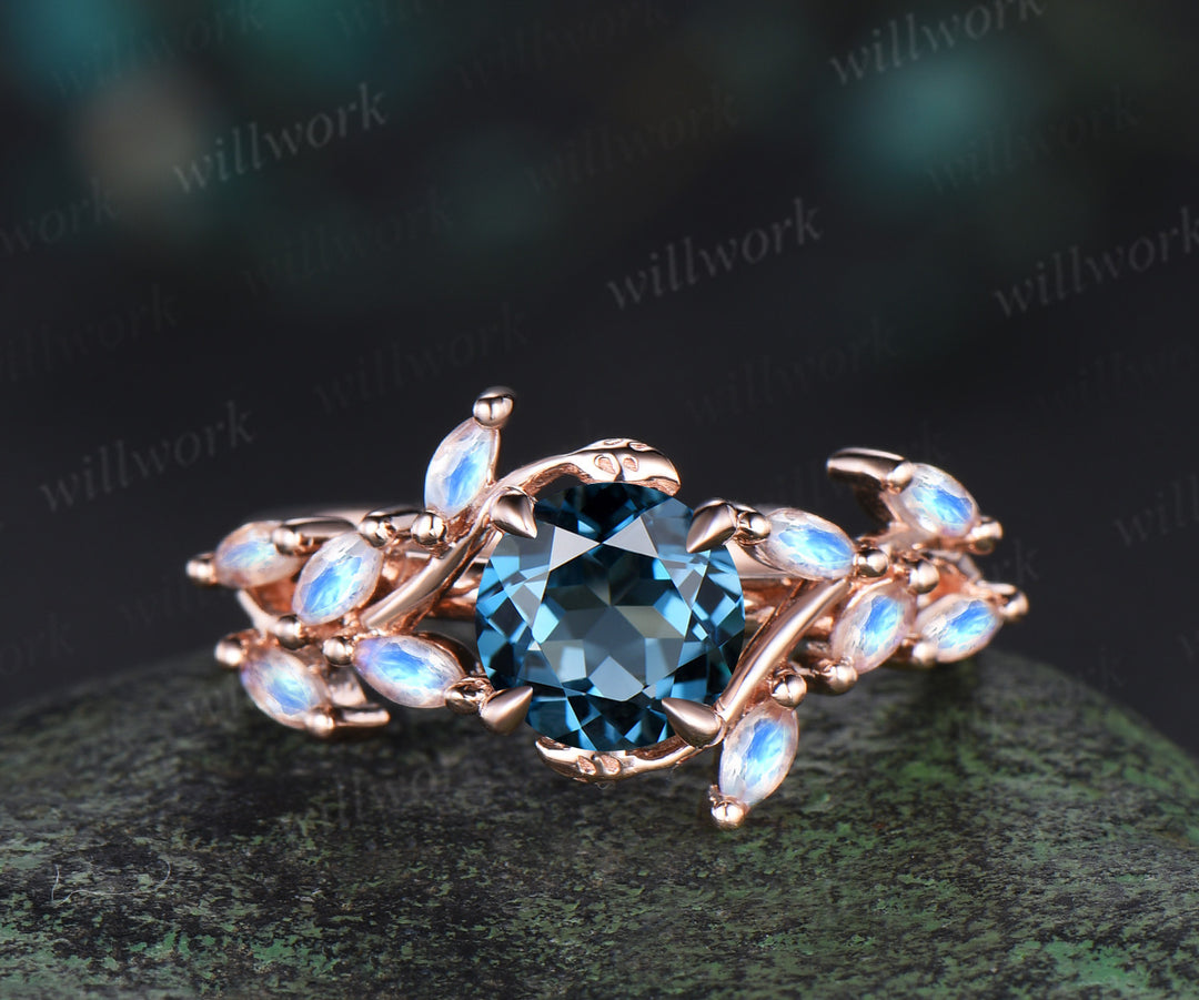 1ct round London Blue Topaz Moonstone Ring Vintage rose gold Leaf Cluster Engagement Ring December Birthstone Gift Women