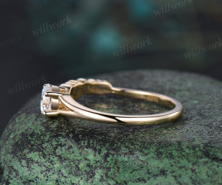 Vintage round cut Moissanite Engagement Ring solid 14k yellow gold Peacock Feather two stone emerald wedding promise ring women gift