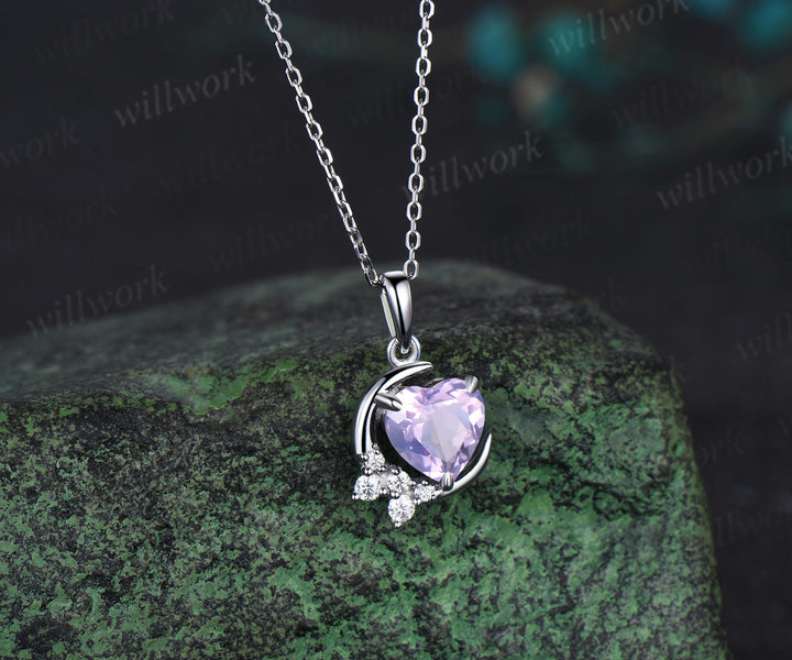 Vintage heart shaped Lavender Amethyst necklace white gold cluster moon snowdrift diamond pendant women February birthstone anniversary gift