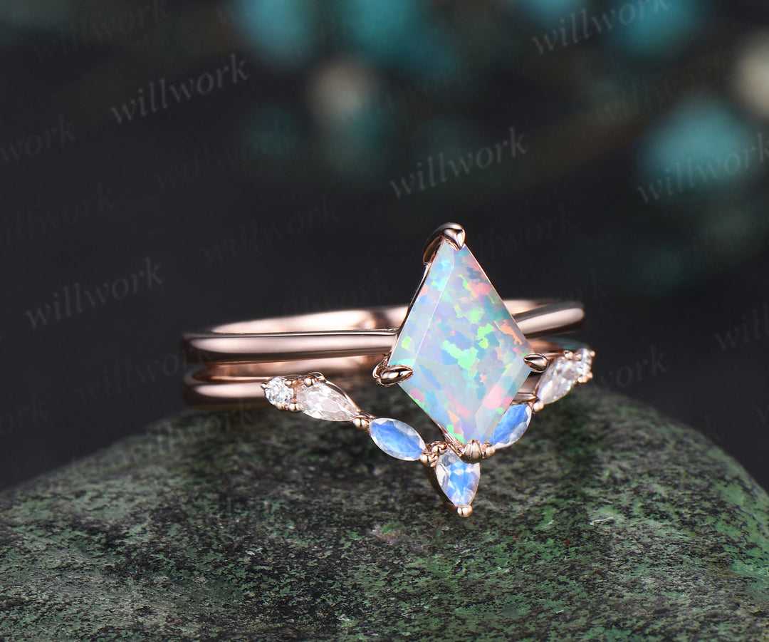Vintage Opal engagement ring set kite cut ring rose gold art deco marquise cut moonstone ring moissanite wedding ring set for women