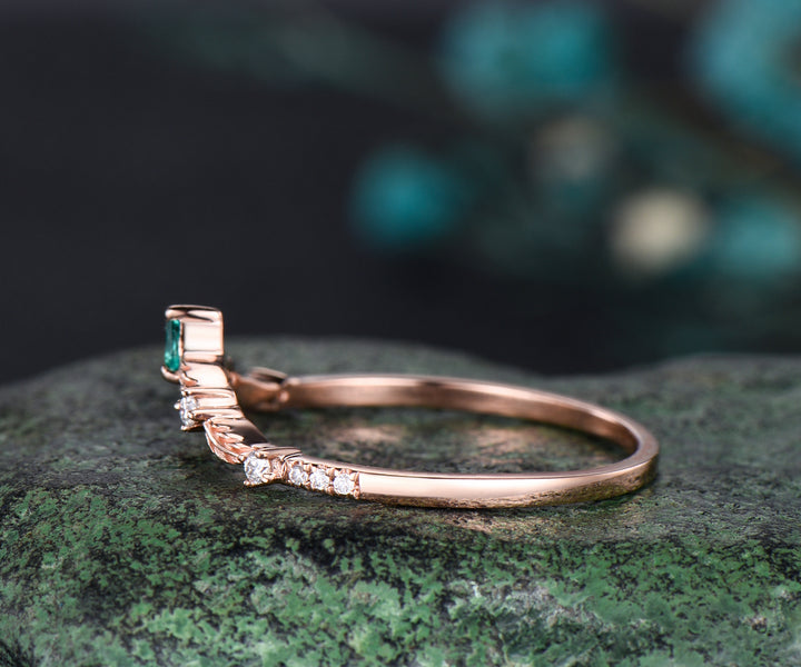 Unique emerald wedding band Vintage Curved V Shaped 14k rose gold emerald ring vintage norse leaf nature ring jewelry dainty wedding bridal anniversary ring band women
