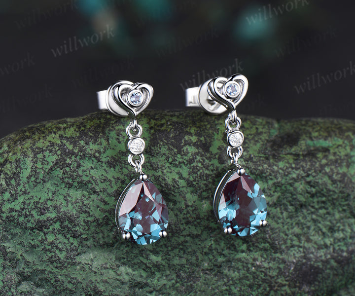 Pear shaped alexandrite earrings 14k white gold bezel three stone moissanite heart stud earrings women anniversary gift