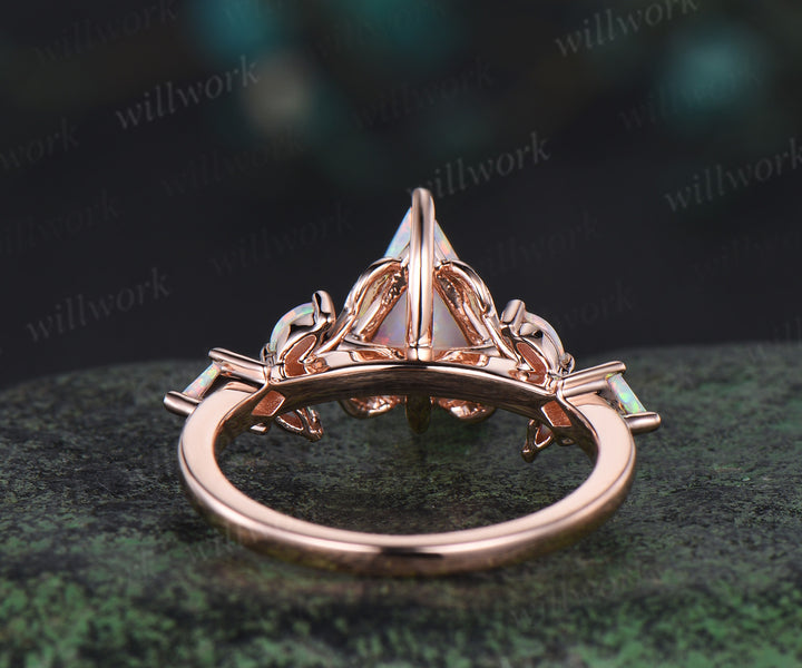 Kite cut white opal engagement ring 14k rose gold vintage leaf kite opal ring women nature inspired anniversary gift