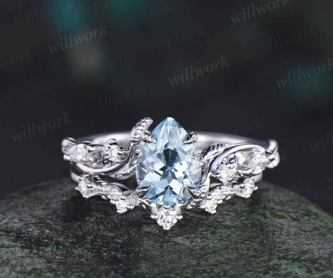 Twig Vine Nature Inspired Natural Aquamarine Diamond Engagement Ring 14K White Gold Moissanite Wedding Leaf Bridal Set Promise Gifts