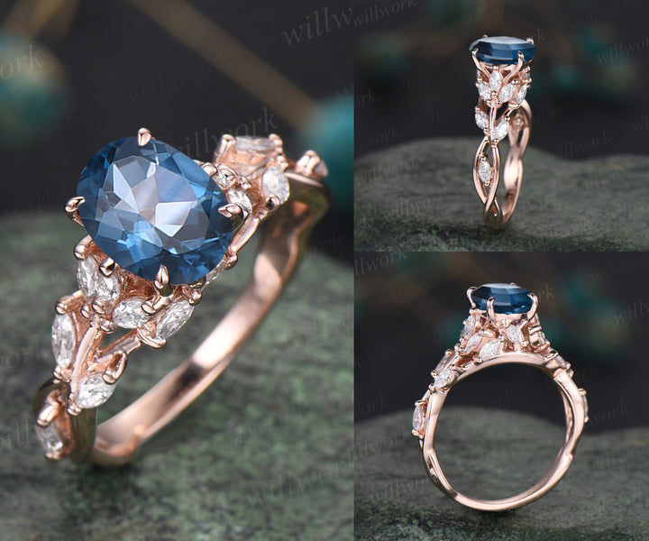 Oval London blue topaz engagement ring vintage floral twig moissanites ring proposal wedding ring nature inspired ring for women