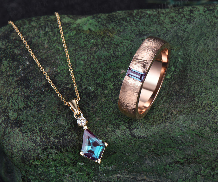 Enchanting Alexandrite Kite Pendant & Men's Baguette Ring 14K rose gold jewelry set Valentine's Day Exclusive Gift for her