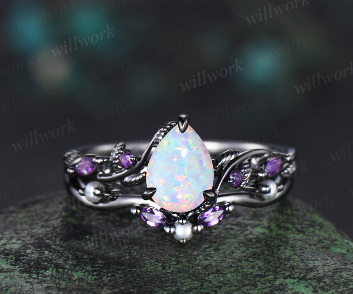 Nature Inspired Pear white opal pearl Bridal Set 14k black gold Unique Twig Vine Teardrop Engagement Ring Ring Set women