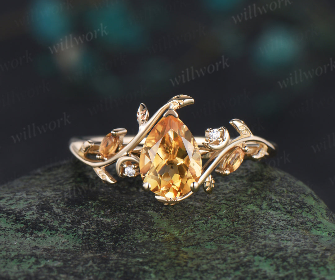 Vintage pear shaped citrine engagement ring yellow gold twisted leaf moon Crystal gemstone wedding anniversary ring set gift