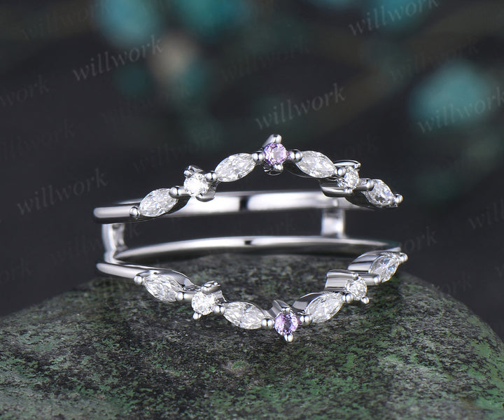 Double curved diamond wedding band enhancer wraps solid 14k white gold amethyst wedding ring band women anniversary gift
