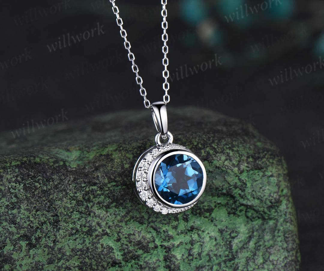 Dainty Round Cut London Blue Topaz Necklace Unique Moissanite Moon Pendant Minimalist December Birthstone Blue Topaz Necklace Women