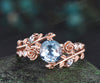 Unique round aquamarine engagement ring floral leaf diamond ring women rose gold nature inspired promise ring her gift