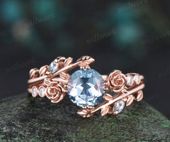 Unique round aquamarine engagement ring floral leaf diamond ring women rose gold nature inspired promise ring her gift