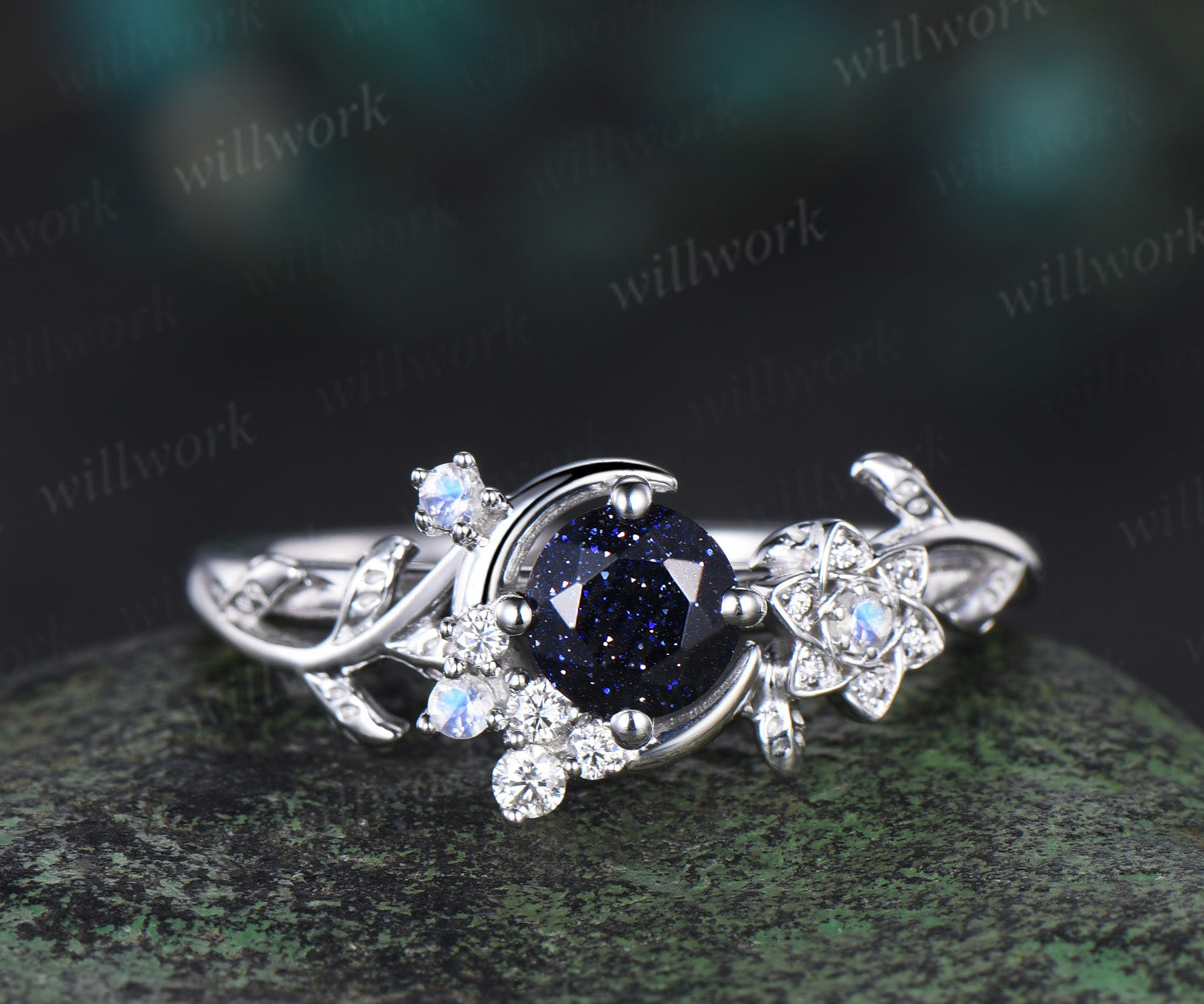 Vintage Blue Sandstone Engagement Ring Silver Galaxy Goldstone Ring Unique Gemstone popular Ring Dainty Women Wedding Ring Bridal Ring Promise Ring