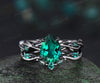 Black Gold Pear Emerald Engagement Ring Set Twig Vine Wedding Ring Gothic Promise Rings