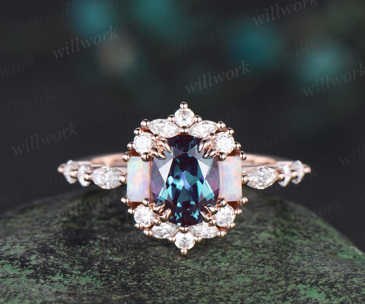 Oval cut alexandrite engagement ring halo diamond ring vintage Baguette cut opal ring rose gold women unique bridal anniversary gift jewelry