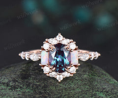 Oval cut alexandrite engagement ring halo diamond ring vintage Baguette cut opal ring rose gold women unique bridal anniversary gift jewelry