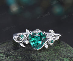 Heart cut green emerald leaf floral engagement ring women 14k white gold nature inspired promise wedding ring women gift